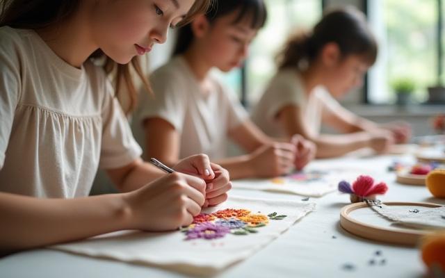手刺繍クラスで熱心に作業する生徒たち