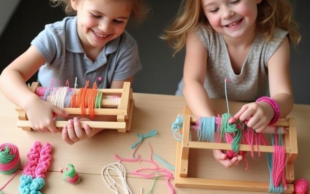 子供向け織物教室で楽しそうに織機を使う子供たち